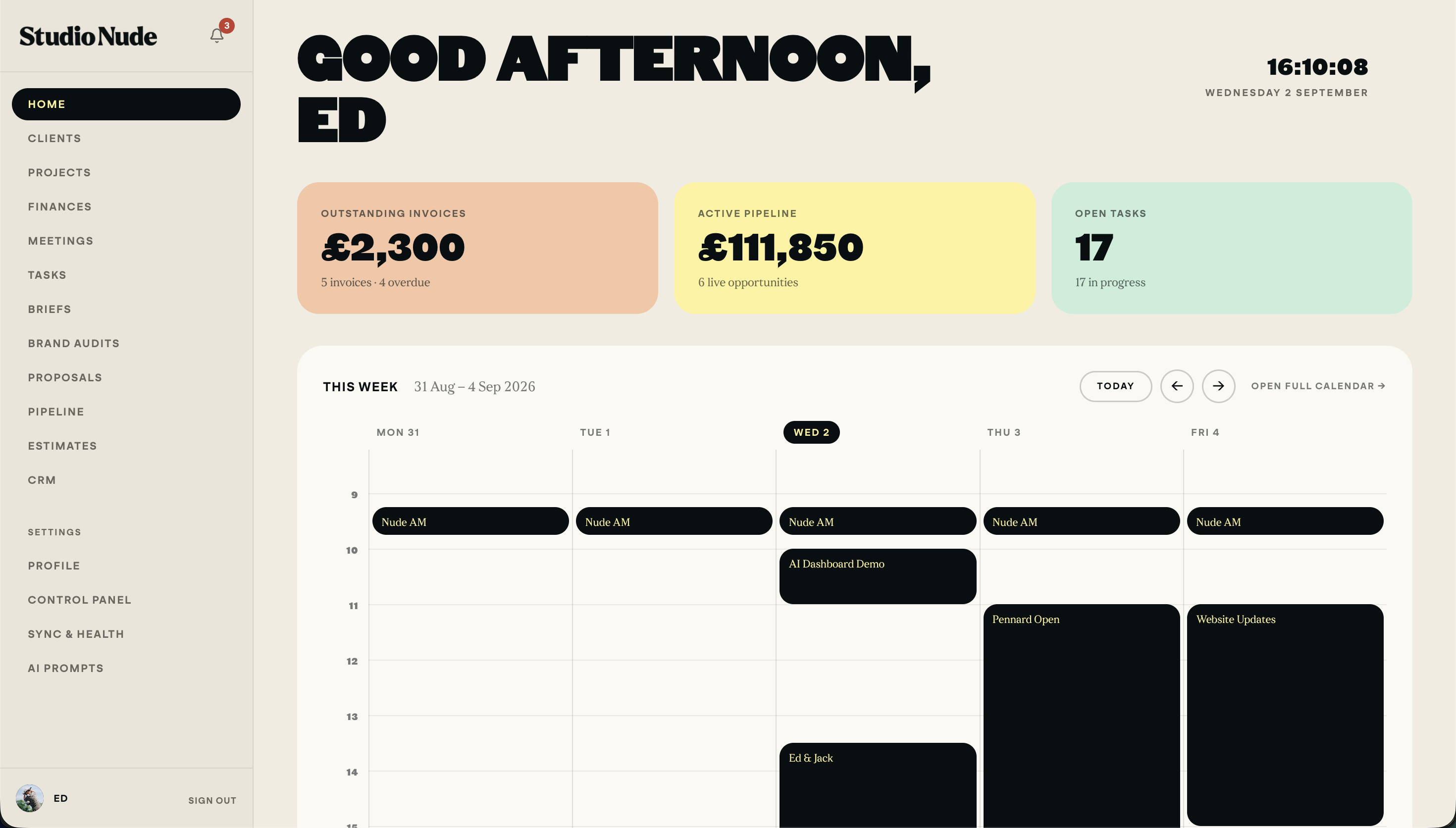 The Humdrum agency dashboard: pipeline value, outstanding invoices, open tasks and the week's calendar.